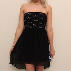 High Low Black Strapless Dress with Sequins